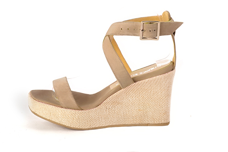 Tan beige women's fully open sandals, with crossed straps.. Profile view - Florence KOOIJMAN